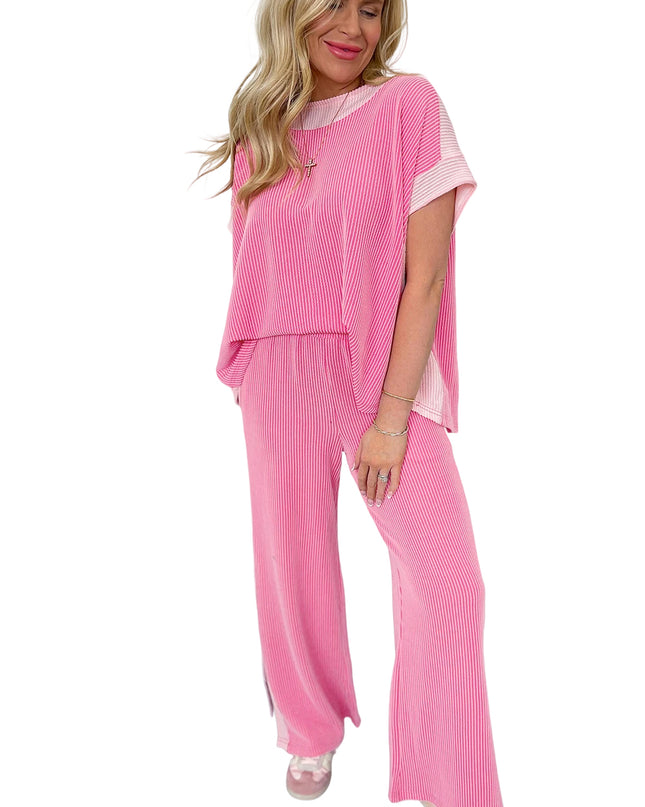 Sachet Pink Colorblock Patchwork Corded Pants Set