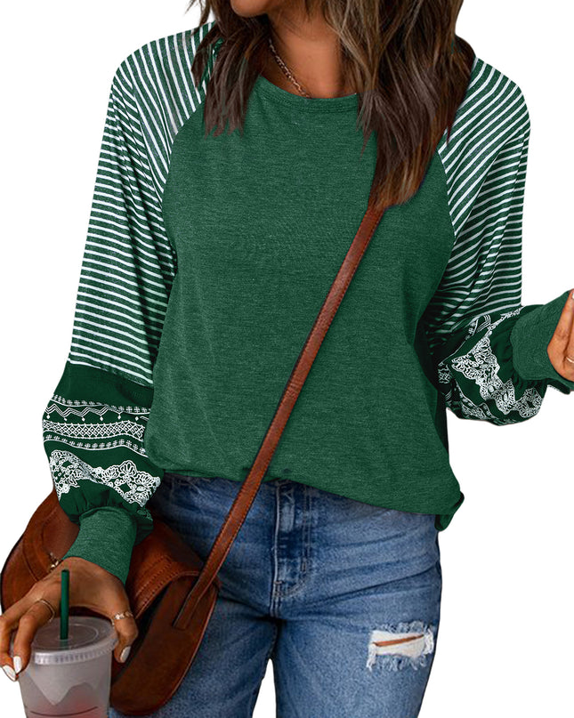 Rose Red Contrast Print Striped Raglan Long Sleeve Loose Top