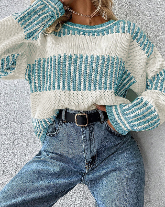 Light Blue Two Tone Striped Patchwork Drop Shoulder Sweater