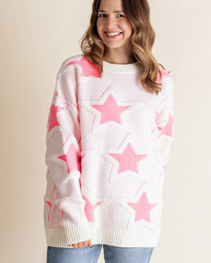 Sachet Pink Star Pattern Drop Sleeve Loose Sweater