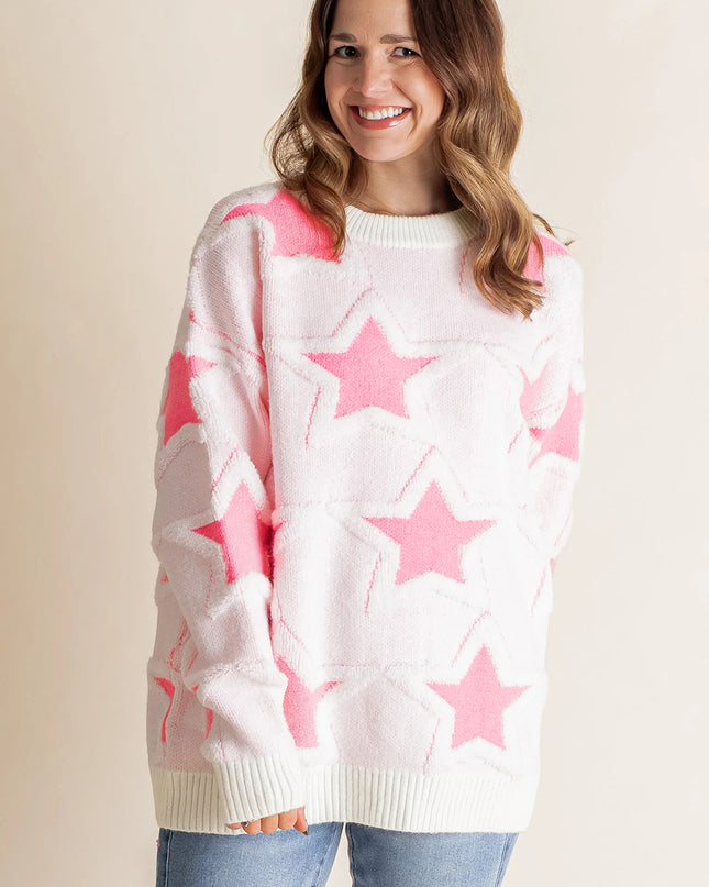 Sachet Pink Star Pattern Drop Sleeve Loose Sweater
