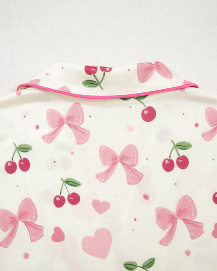Pink Polka Dot and Bow Print Ruffle Hem Shorts Pajama Set