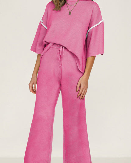 Navy Blue Loose Contrast Trim Half Sleeve Top and Drawstring Pants Set