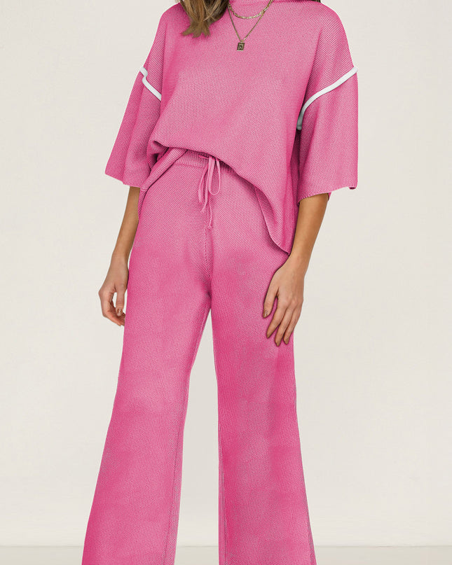 Navy Blue Loose Contrast Trim Half Sleeve Top and Drawstring Pants Set