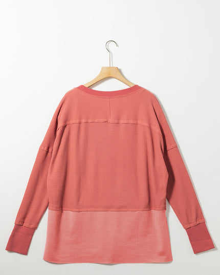Mineral Red Waffle Knit Patchwork Exposed Seam Long Sleeve Top