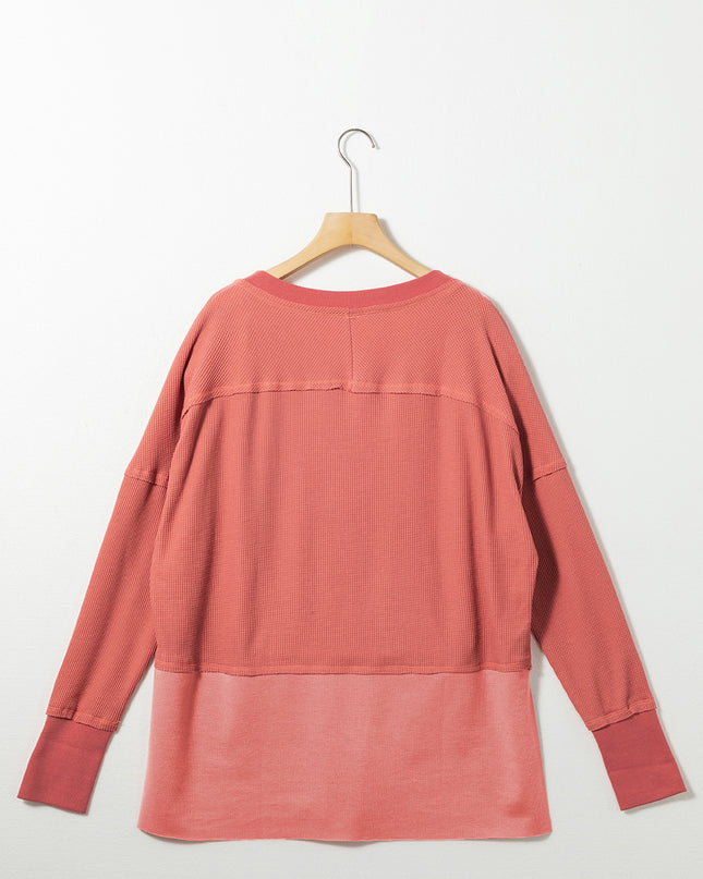 Mineral Red Waffle Knit Patchwork Exposed Seam Long Sleeve Top