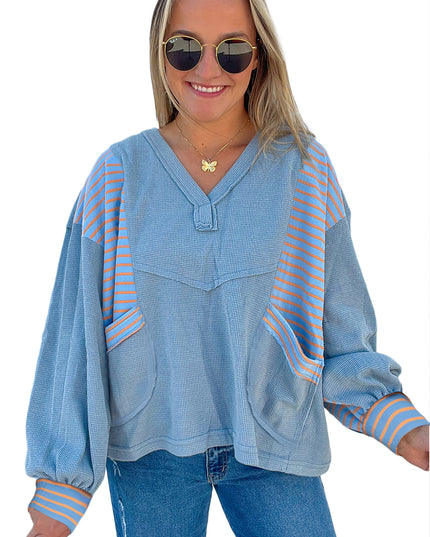 Meadow Mist Green Exposed Seam Waffle Striped Patchwork Baggy Pullover