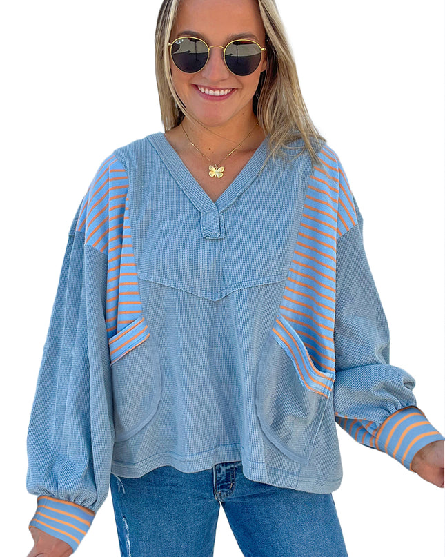 Meadow Mist Green Exposed Seam Waffle Striped Patchwork Baggy Pullover