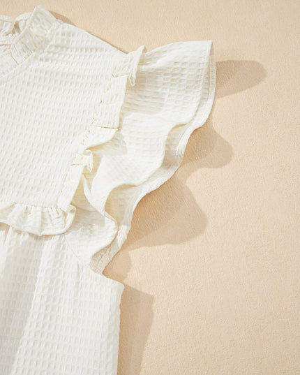 White Solid Color Ruffle Trim Waffle Textured Blouse
