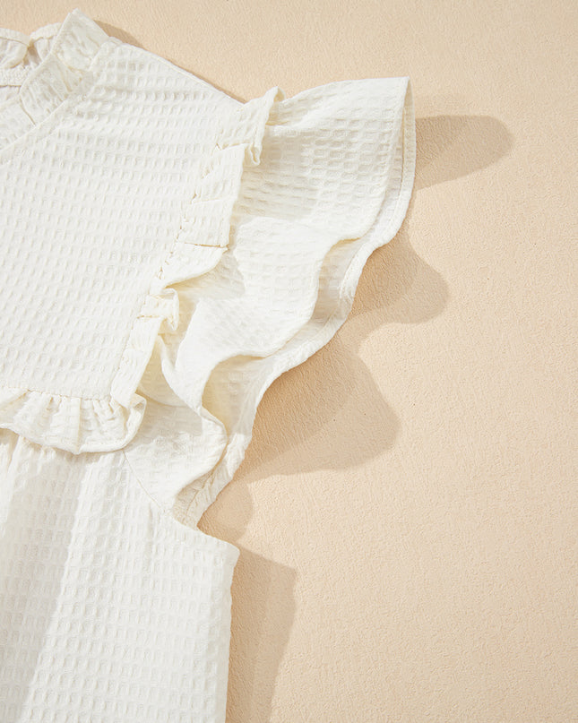 White Solid Color Ruffle Trim Waffle Textured Blouse