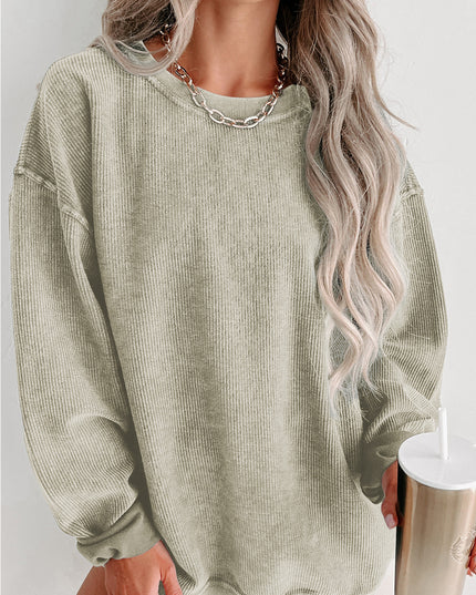 Green Ribbed Round Neck Drop Sleeve Pullover Sweatshirt