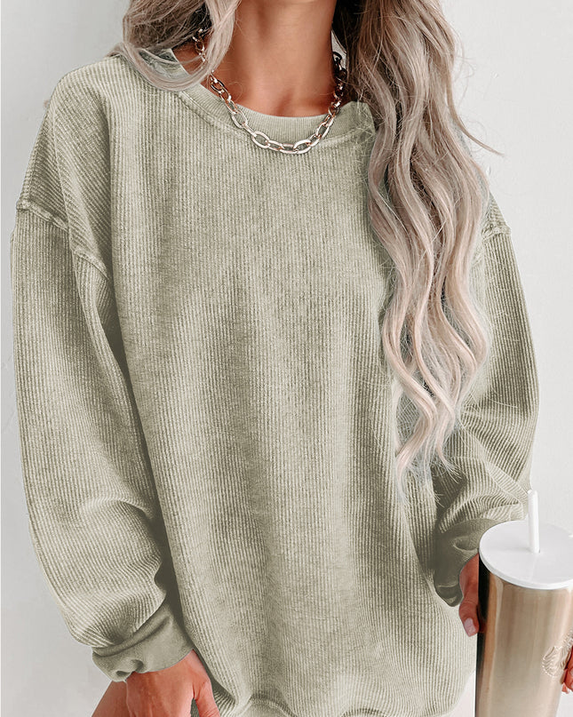 Green Ribbed Round Neck Drop Sleeve Pullover Sweatshirt