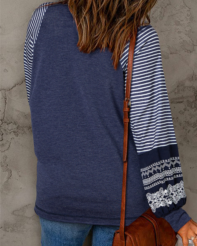 Rose Red Contrast Print Striped Raglan Long Sleeve Loose Top