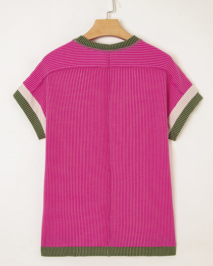 Rose Red Textured Colorblock Round Neck T Shirt