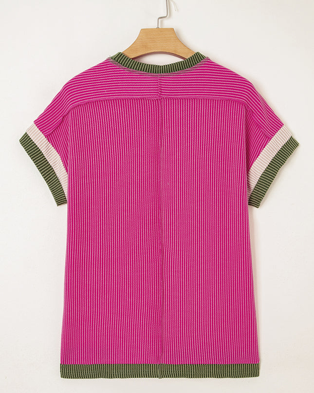 Rose Red Textured Colorblock Round Neck T Shirt