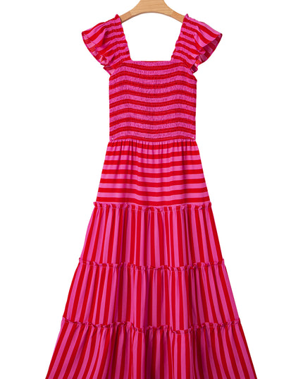 Rose Stripe Ruffle Strap Shirred Bodice Tiered Maxi Dress