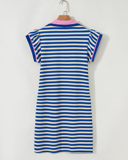 Green Striped Ruffle Short Sleeve Pop of Color Neckline Dress