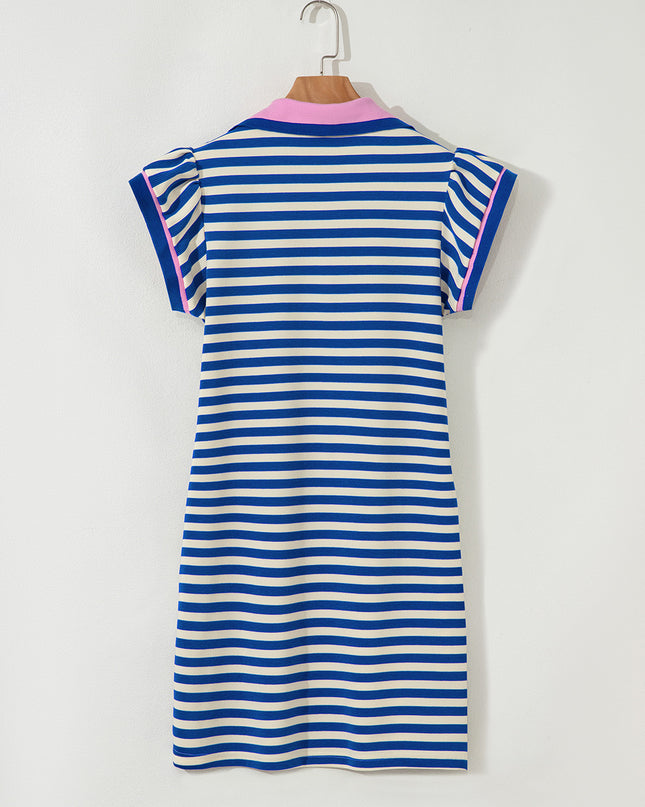 Green Striped Ruffle Short Sleeve Pop of Color Neckline Dress