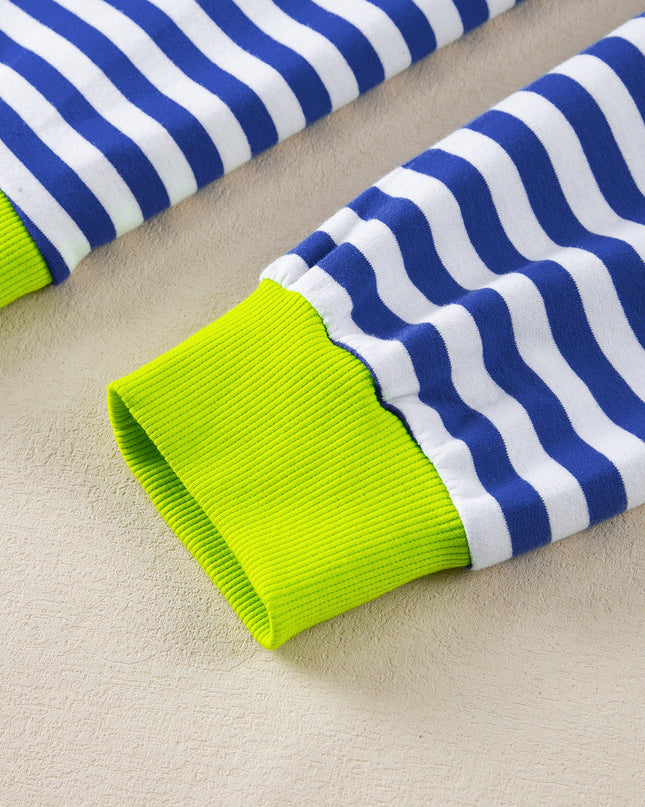 Blue Striped Contrast Trim Drop Shoulder Sweatshirt