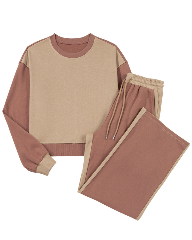 Khaki Color Block Long Sleeve Crop Top Drawstring Pant Set