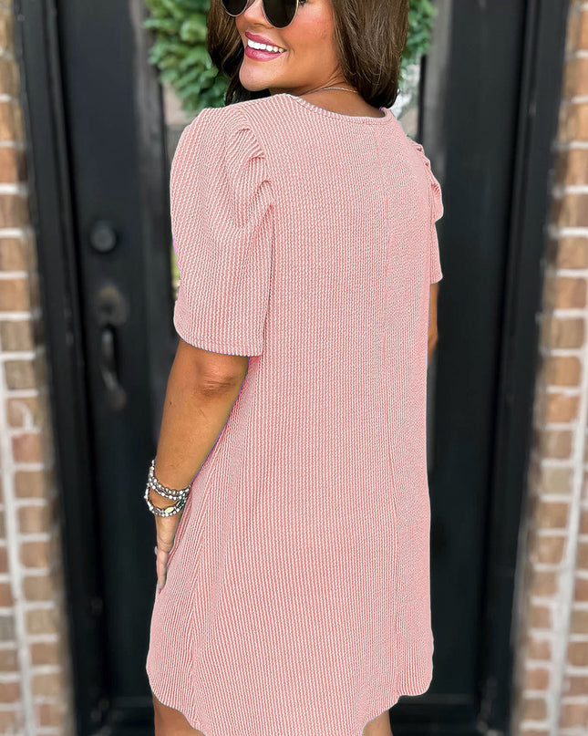 Blossom Corded Crew Neck Puff Sleeve Mini Dress