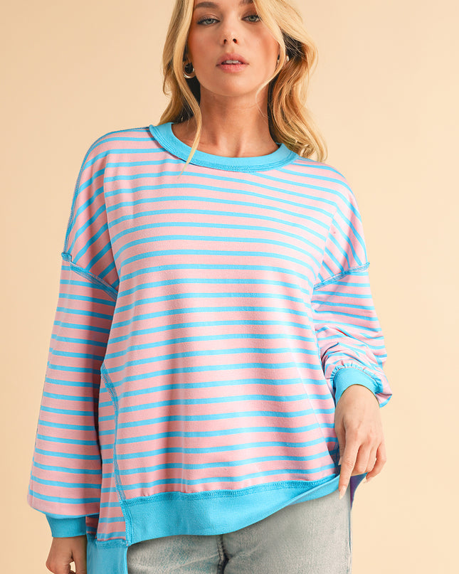 Pink Stripe Contrast Trim High Low Tunic Sweatshirt