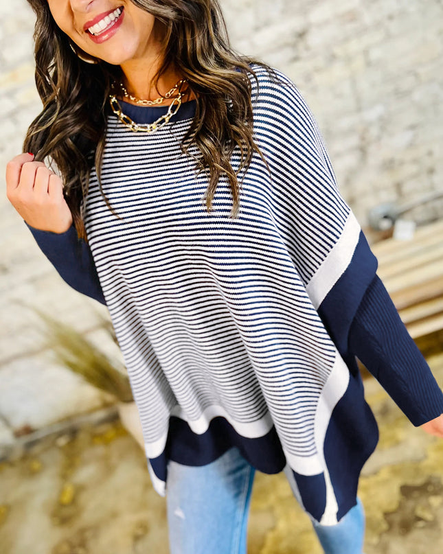 Blue Striped Colorblock Patchwork Dolman Oversize Tunic Sweater