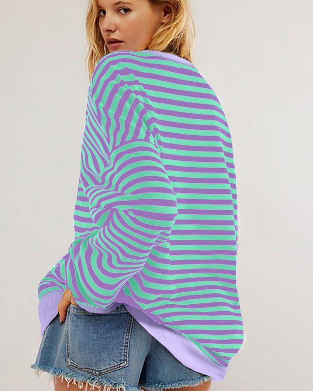 Blue Striped Contrast Trim Drop Shoulder Sweatshirt