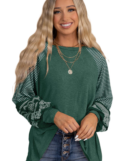 Rose Red Contrast Print Striped Raglan Long Sleeve Loose Top