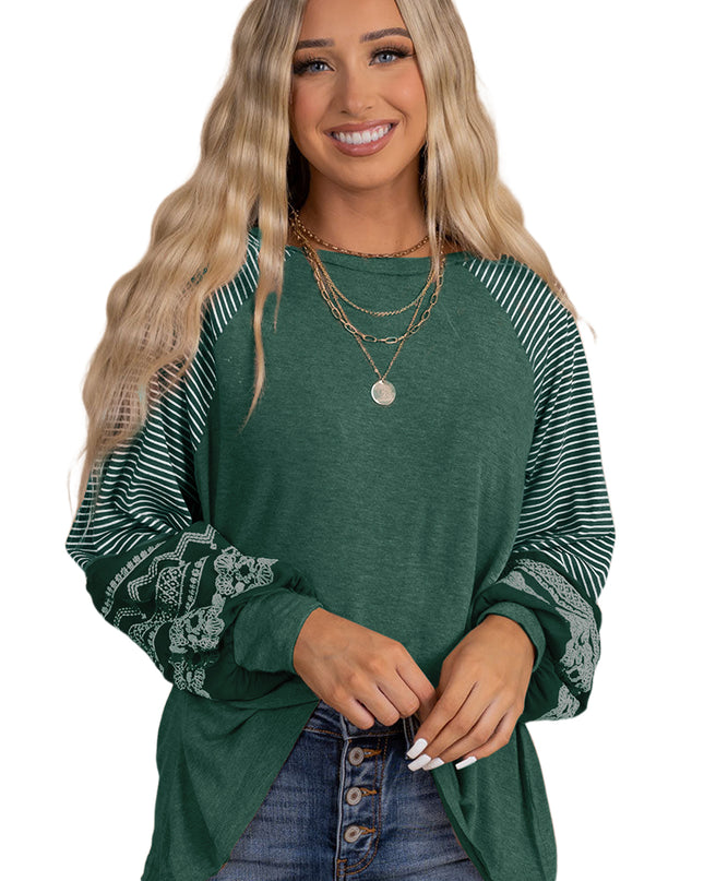 Rose Red Contrast Print Striped Raglan Long Sleeve Loose Top