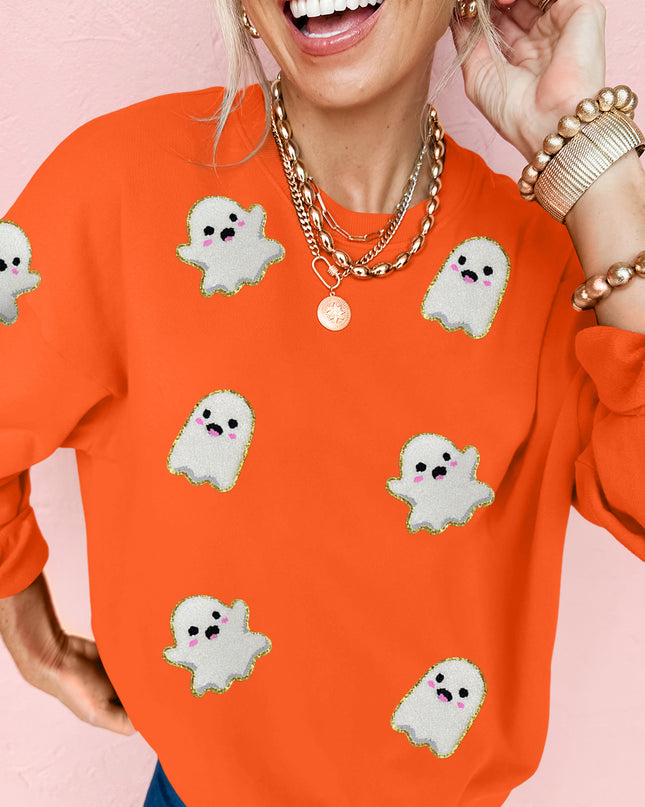 Orange Halloween Ghost Cute Patched Pattern Holiday Sweatshirt