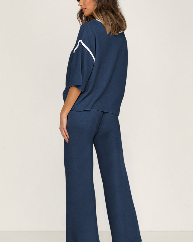 Navy Blue Loose Contrast Trim Half Sleeve Top and Drawstring Pants Set