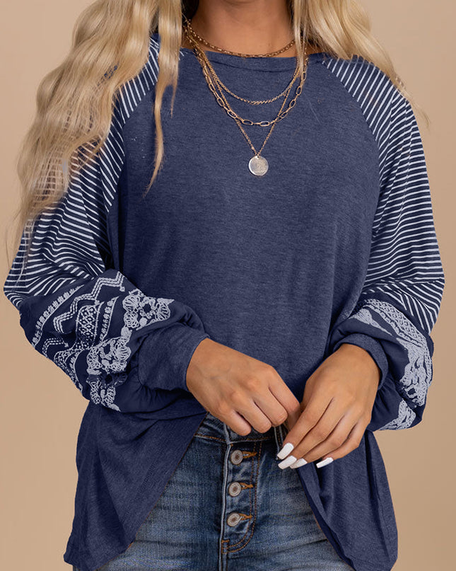 Rose Red Contrast Print Striped Raglan Long Sleeve Loose Top