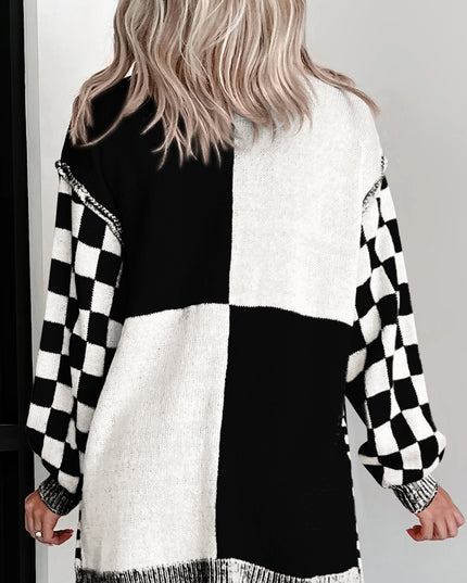 Orange Checkered Open Front Drop Shoulder Cardigan