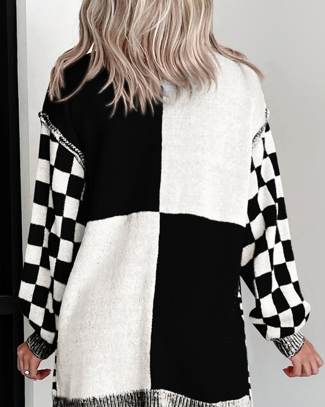 Orange Checkered Open Front Drop Shoulder Cardigan