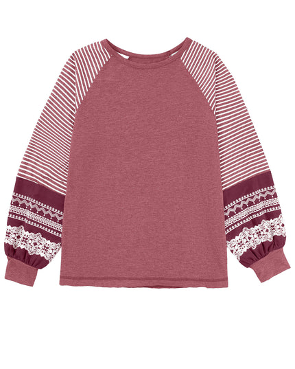 Rose Red Contrast Print Striped Raglan Long Sleeve Loose Top