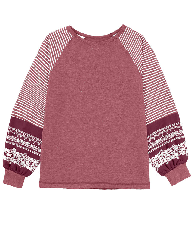 Rose Red Contrast Print Striped Raglan Long Sleeve Loose Top