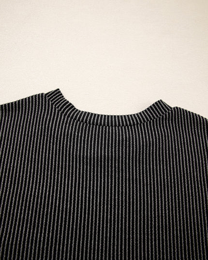 Dark Blue Corded Knit Color Block Pocketed Crew Neck T Shirt