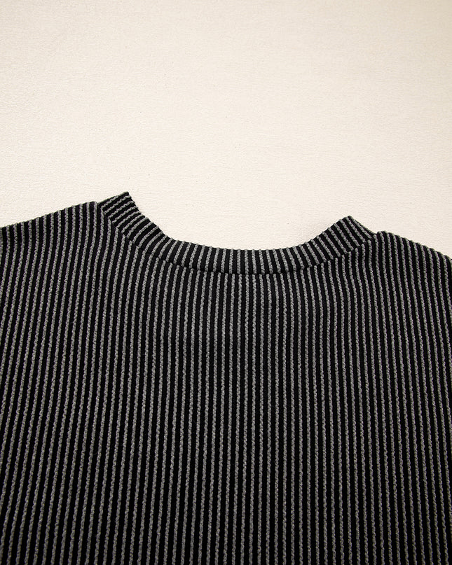Dark Blue Corded Knit Color Block Pocketed Crew Neck T Shirt