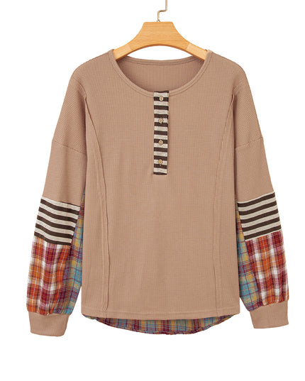 Straw Yellow Waffle Stripe Plaid Patchwork Henley Top