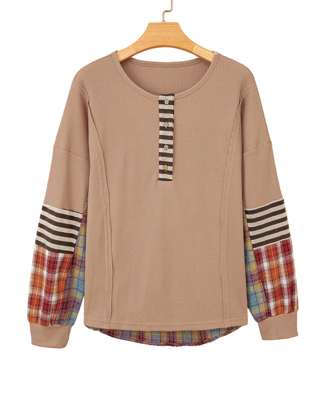 Straw Yellow Waffle Stripe Plaid Patchwork Henley Top