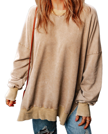 Khaki Plain Drop Shoulder Ribbed Trim Oversized Sweatshirt