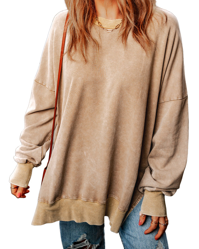 Khaki Plain Drop Shoulder Ribbed Trim Oversized Sweatshirt