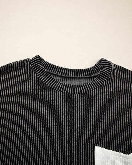Dark Blue Corded Knit Color Block Pocketed Crew Neck T Shirt