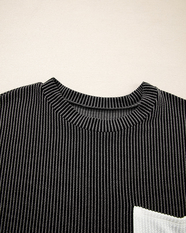 Dark Blue Corded Knit Color Block Pocketed Crew Neck T Shirt