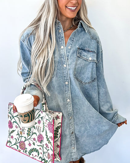 Denim Shirt Dress with Chest Pocket – Raw Hem Oversized Loose Fit Mini Dress (Blue Cotton)