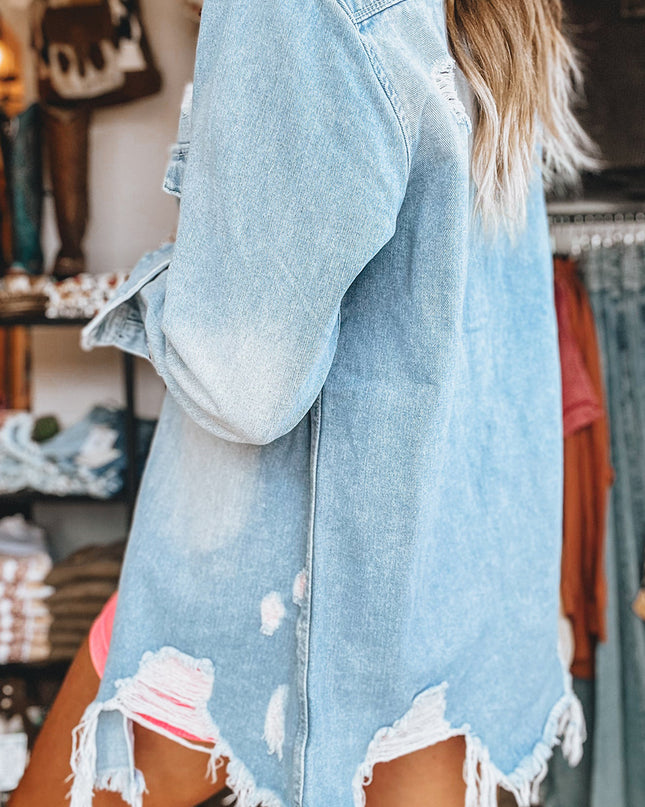 Beau Blue Light Wash Distressed Frayed Long Denim Jacket