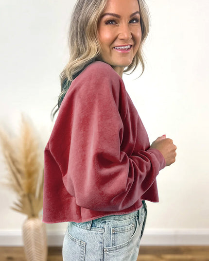 Racing Red Solid Color Raglan Sleeve Pullover Sweatshirt