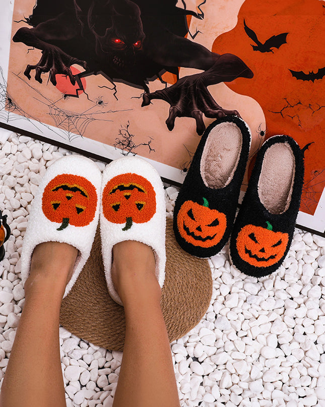 White Halloween Pumpkin Print Plush Slippers