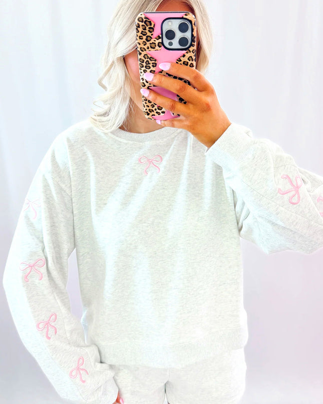 Light Grey Bow Embroidery Long Sleeve Pullover and High Waist Shorts Set